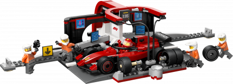 F1® pitstop en pitcrew met Ferrari auto